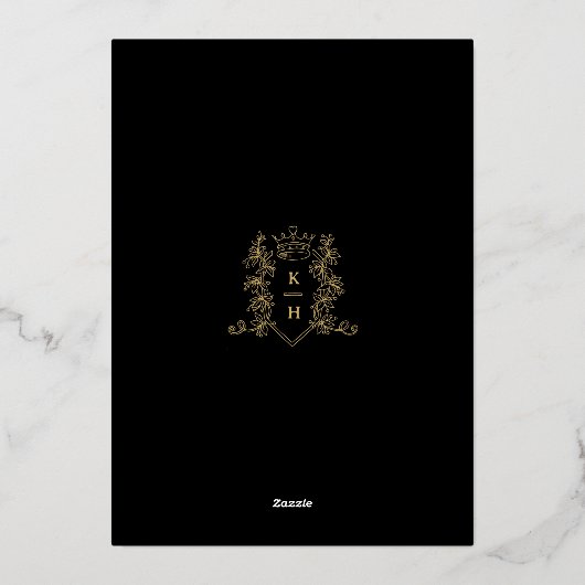 Kroon monogram Foilage bruiloft zwart goud Folie Uitnodiging (Achterkant)