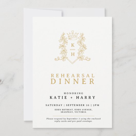 Kroon monogram goud wit bruiloft repetitie kaart (Voorkant)