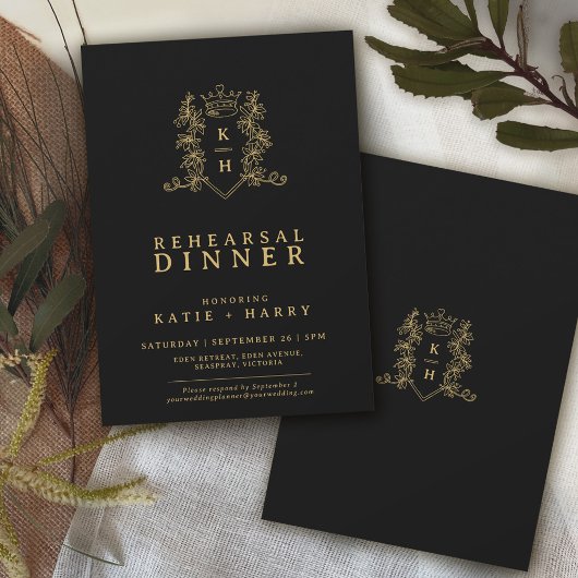 Kroon monogram goud zwart bruiloft repetitie kaart