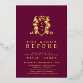 Kroon monogram gouden wijn rode bruiloft nacht erv folie uitnodiging (Voorkant)