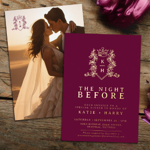 Kroon monogram gouden wijn rode bruiloft nacht erv folie uitnodiging