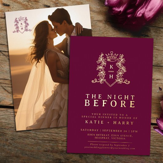 Kroon monogram gouden wijn rode bruiloft nacht erv folie uitnodiging