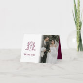 Kroon monogram wijn rood wit bruiloft foto's bedankkaart (Voorkant)