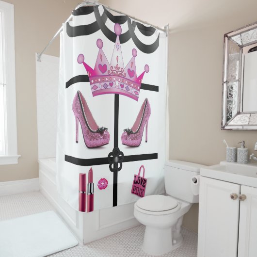 Kroon roze wit zwart douchegordijn (In situ)
