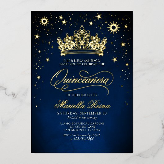 Kroon Tiara Marine Gouden Quinceañera Uitnodiging (Voorkant)