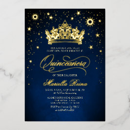 Kroon Tiara Marineblauw Gouden Quinceañera Uitnodi Folie Uitnodiging