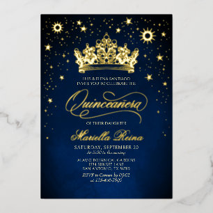 Kroon Tiara Navy Gold Quinceañera Uitnodiging