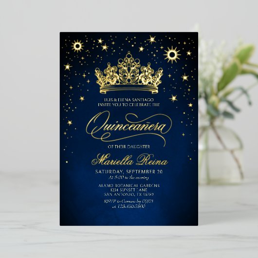 Kroon Tiara Navy Gold Quinceañera Uitnodiging (Staand Voorkant)