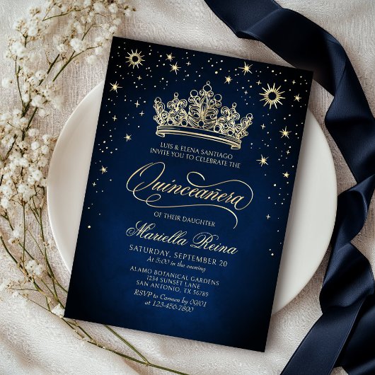 Kroon Tiara Navy Gold Quinceañera Uitnodiging