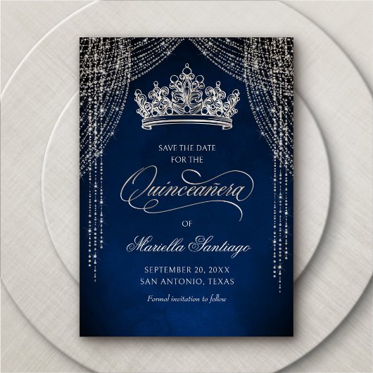 Kroon Tiara Navy Silver Quinceañera Save the Date