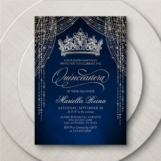 Kroon Tiara Navy Silver Quinceañera Uitnodiging