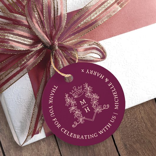 Kroonbladeren getekend monogram diep rode bruiloft bedankjes labels