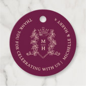 Kroonbladeren getekend monogram diep rode bruiloft bedankjes labels (Voorkant)