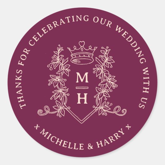 Kroonbladeren getekend monogram diep rode bruiloft ronde sticker (Voorkant)