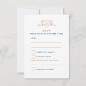 Kroonbladeren monogram bruiloft blauw roos goud RSVP kaartje (Achterkant)