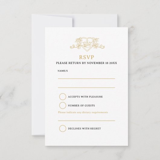 Kroonbladeren monogram bruiloft wit goud RSVP kaartje (Achterkant)