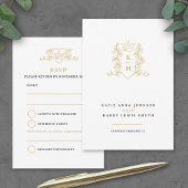 Kroonbladeren monogram bruiloft wit goud RSVP kaartje