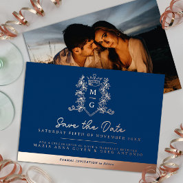 Kroonfoto bruiloft bewaar de datum blauw roos goud folie uitnodiging