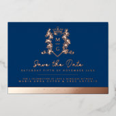 Kroonfoto bruiloft bewaar de datum blauw roos goud folie uitnodiging (Voorkant)