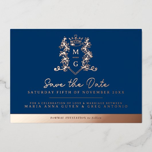Kroonfoto bruiloft bewaar de datum blauw roos goud folie uitnodiging (Voorkant)