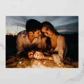 Kroonfoto bruiloft bewaar de datum blauw roos goud folie uitnodiging (Achterkant)