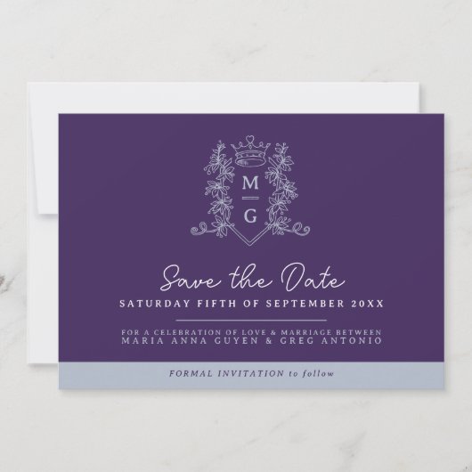 Kroonfoto bruiloft bewaar de datum paarse grijs save the date (Voorkant)