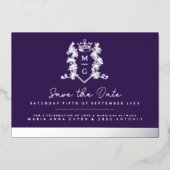 Kroonfoto bruiloft bewaar de datum paarse zilver folie uitnodiging (Voorkant)