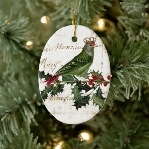 Kroongroene vogel & Holly Keramisch Ornament