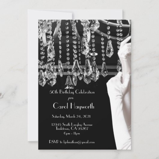 Kroonluchter 50e verjaardag viering zwart wit kaart (Voorkant)