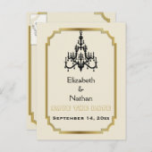 Kroonluchter & Art Deco border bruiloft Save the D Aankondigingskaart (Voorkant / Achterkant)