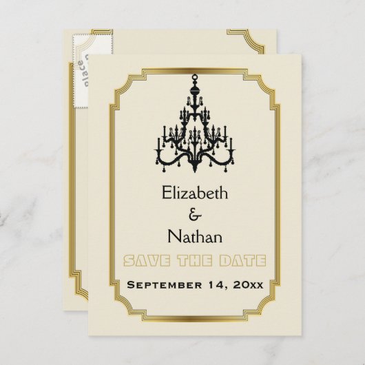 Kroonluchter & Art Deco border bruiloft Save the D Aankondigingskaart (Voorkant / Achterkant)