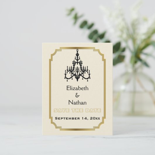 Kroonluchter & Art Deco border bruiloft Save the D Aankondigingskaart (Staand voorkant)