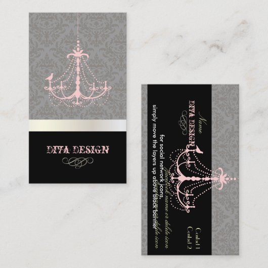 Kroonluchter + Barok damast /parel + roze Visitekaartje (Voorkant / Achterkant)
