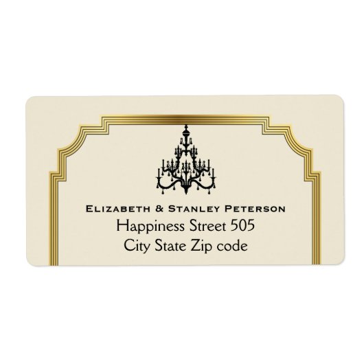 Kroonluchter en Art Deco grens beige bruiloft Etiket (Voorkant)