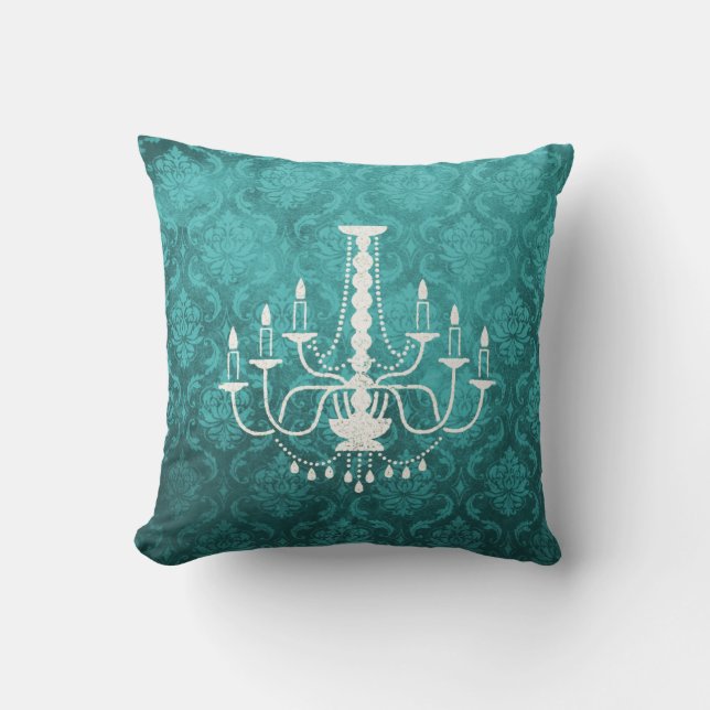 Kroonluchter in vintage stijl turquoise damasten k kussen (Voorkant)