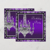 Kroonluchter Paarse Damast Verjaardagsfeestje Kaart (Voorkant / Achterkant)