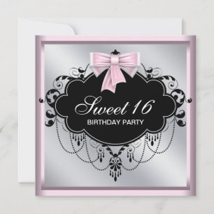 Kroonluchter Roze Zwart Sweet 16 Verjaardagsfeestj Kaart