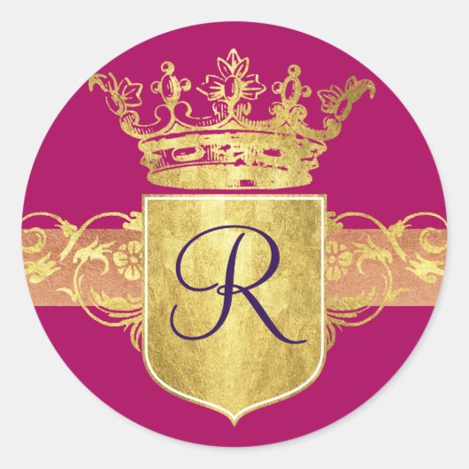 Kroonmonogram, Gouden Toon Ronde Sticker (Voorkant)