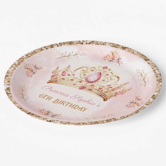 Kroonprinses Roze Bloemen Glitter Gouden Verjaarda Papieren Bordje (Gekanteld)