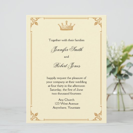 Kroonregentschap in Goud en Ivoor Bruiloft Kaart (Staand voorkant)
