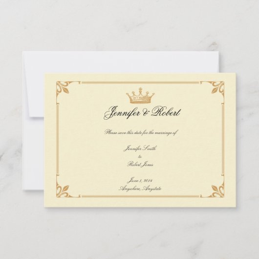 Kroonregentschap in goud en ivoor Save the Date (Voorkant)