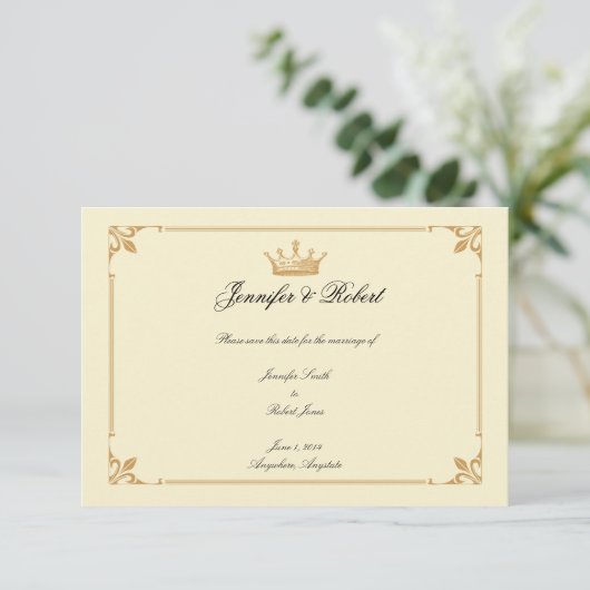 Kroonregentschap in goud en ivoor Save the Date (Staand voorkant)