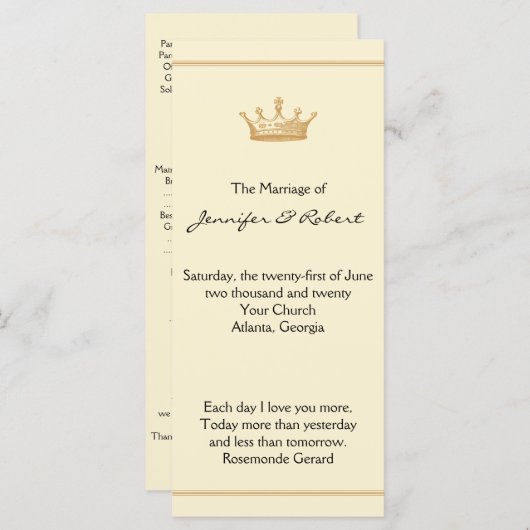 Kroonregentschap in Goud en Ivoor Trouwprogramma Programmakaart (Voorkant / Achterkant)