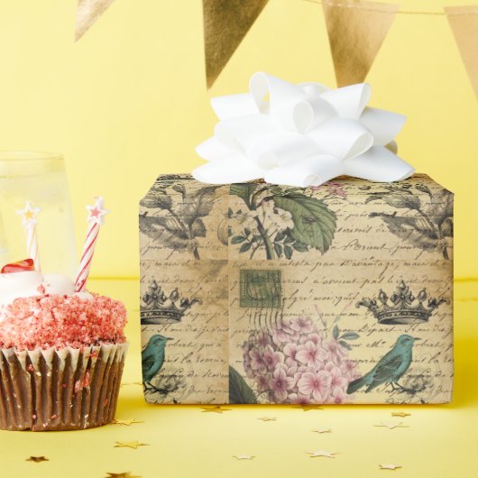 kroonschrift hydrangea vogel botanisch cadeaupapier (Verjaardagsfeest)