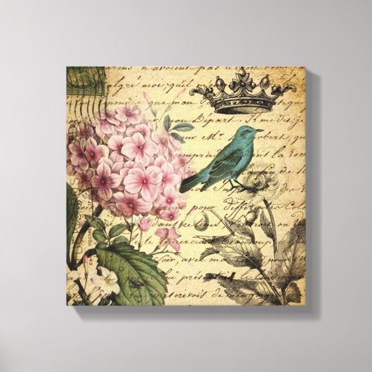 kroonschrift hydrangea vogel botanisch canvas afdruk (Voorkant)