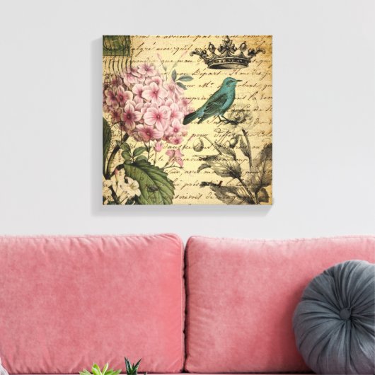 kroonschrift hydrangea vogel botanisch canvas afdruk (Insitu (Woonkamer))