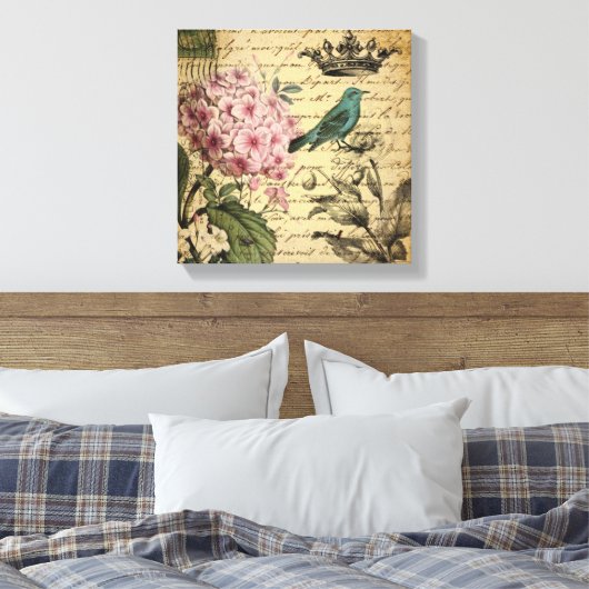 kroonschrift hydrangea vogel botanisch canvas afdruk (Insitu (Slaapkamer))