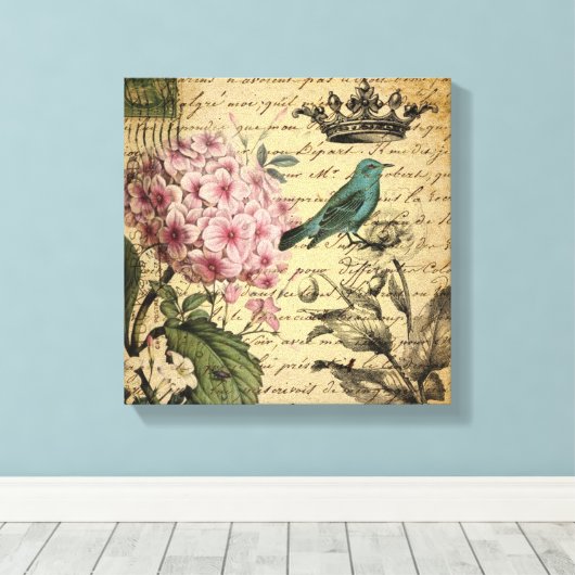 kroonschrift hydrangea vogel botanisch canvas afdruk (Insitu (Houten vloer))