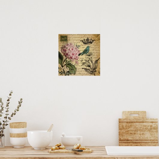 kroonschrift hydrangea vogel botanisch poster (Keuken)