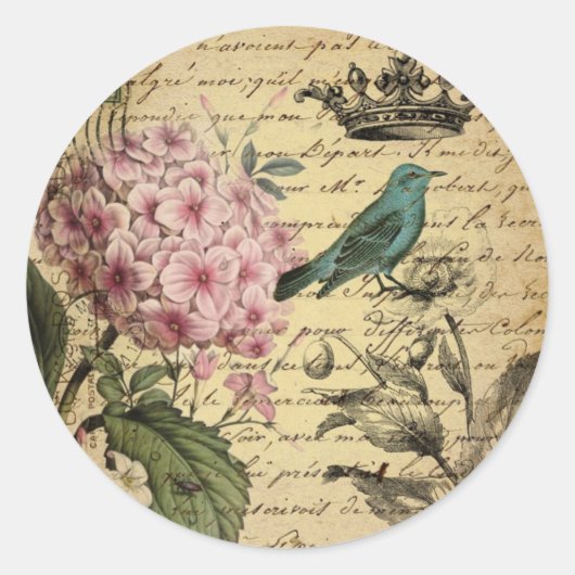 kroonschrift hydrangea vogel botanisch ronde sticker (Voorkant)